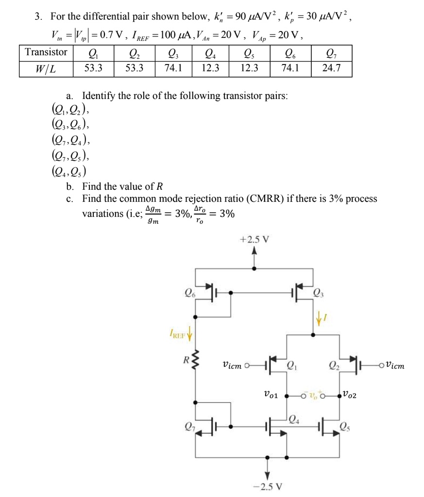 SOLVED Texts 3. For the differential pair shown below, k = 90 A/V^2