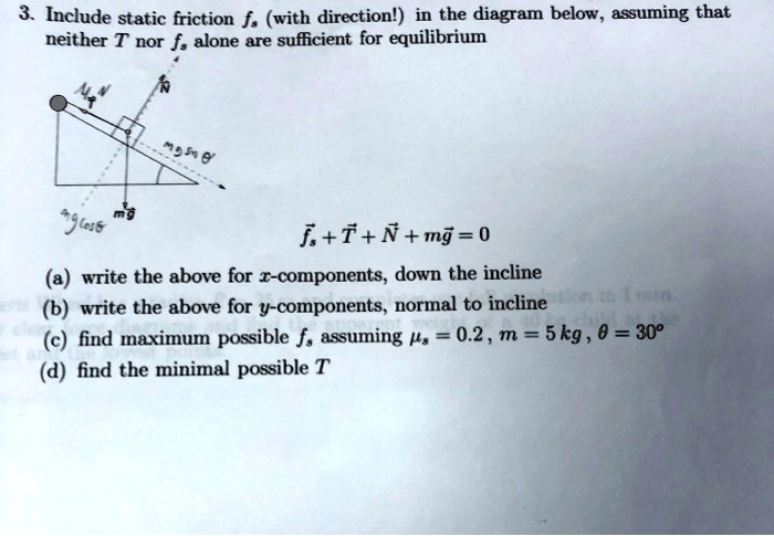 Solved 3 Include Static Friction F With Directionl In The Diagram Below Assuming That Neither T Nor F Alone Are Sufficient For Equilibrium 7 5tts I I N Mg 0 Write The Above For I Components Down