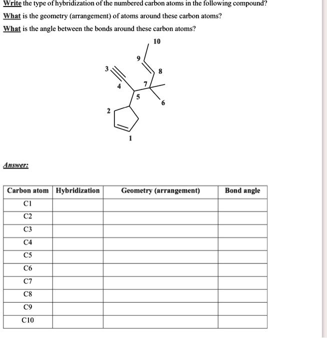 SOLVED: Wite the type ofhybridization of the numbered carbon atoms in ...