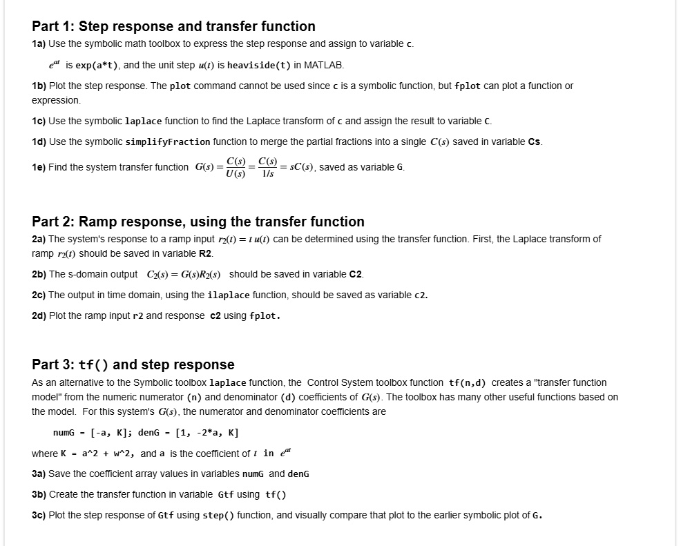 [GET ANSWER] part 1 step response and transfer function 1a use the ...