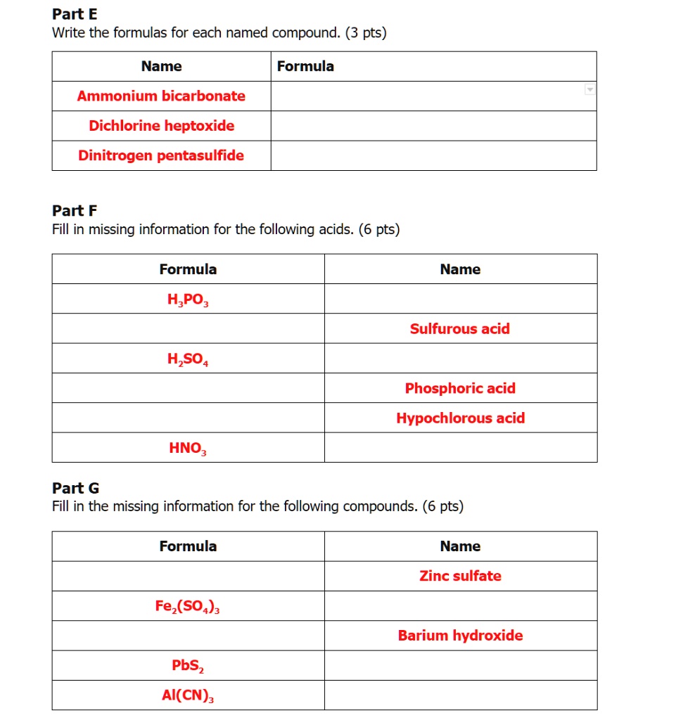 SOLVEDPart E Write the formulas for each named compound (3 pts) Name