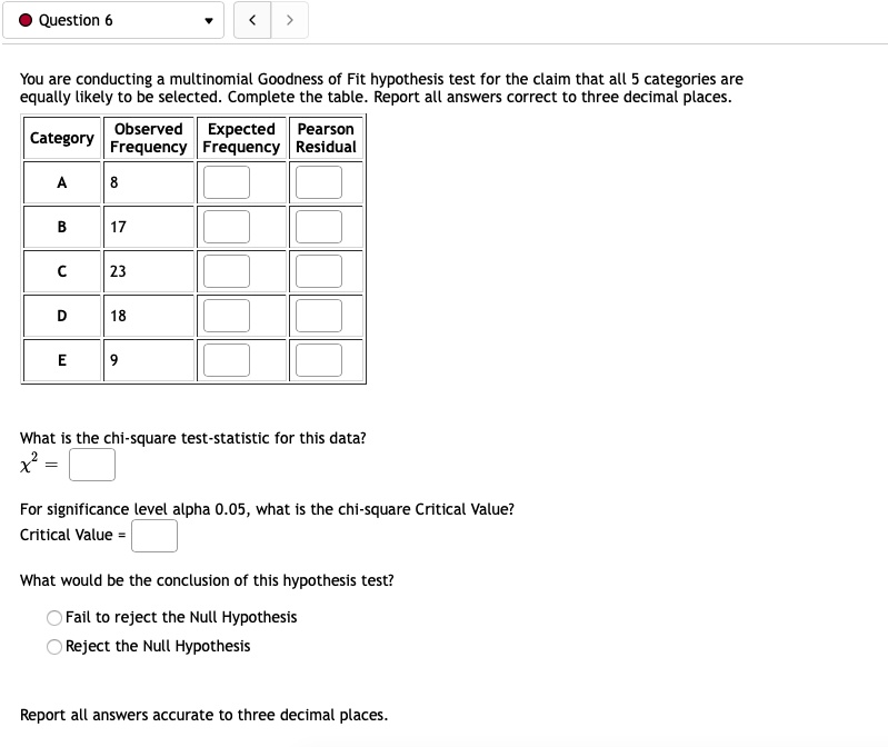 SOLVED: You are conducting a multinomial goodness of fit hypothesis ...