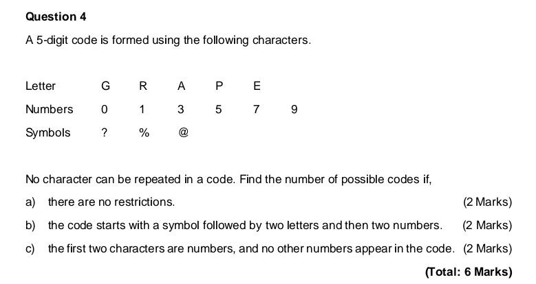 question 4 a 5 digit code is formed using the following characters ...
