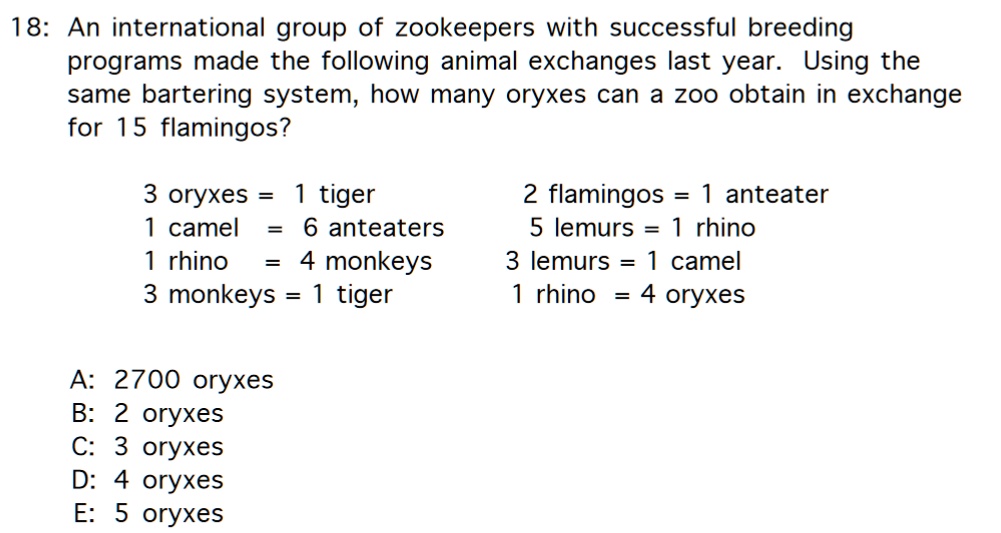 SOLVED: 18: An international group of zookeepers with successful breeding  programs made the following animal exchanges last year: Using the same  bartering system, how many oryxes can a Zoo obtain in exchange