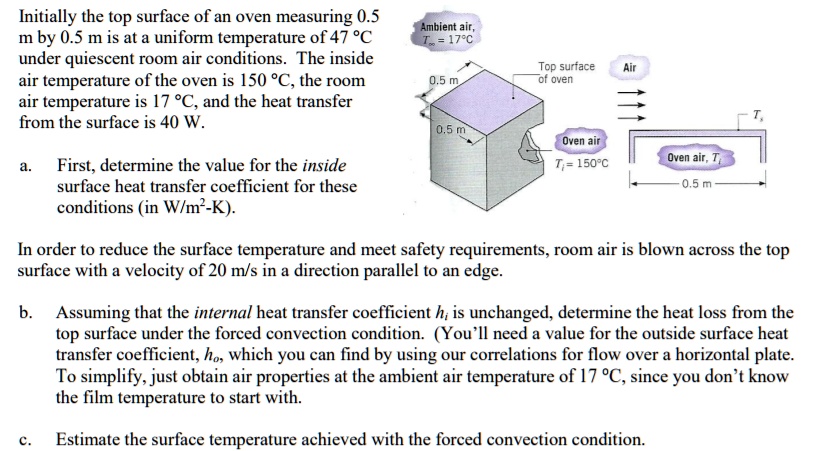 Initially the top surface of an oven measuring 0.5
m by 0.5 m is at a uniform temperature of 47 °C
under quiescent room air conditions. The inside
air temperature of the oven is 150 °C, the room
air temperature is 17 °C, and the heat transfer
from the surface is 40 W.

a. First, determine the value for the inside
surface heat transfer coefficient for these
conditions (in W/m²-K).

In order to reduce the surface temperature and meet safety requirements, room air is blown across the top
surface with a velocity of 20 m/s in a direction parallel to an edge.

b. Assuming that the internal heat transfer coefficient h? is unchanged, determine the heat loss from the
top surface under the forced convection condition. (You'll need a value for the outside surface heat
transfer coefficient, h?, which you can find by using our correlations for flow over a horizontal plate.
To simplify, just obtain air properties at the ambient air temperature of 17 °C, since you don't know
the film temperature to start with.

c. Estimate the surface temperature achieved with the forced convection condition.