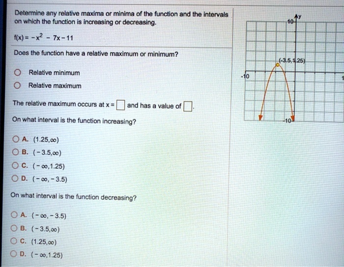 Solved Detemine Any Relative Maxima Or Minima Of The Function And The Intervals On Which The Function Is Increasing Or Decreasing Fx X2 7x 11 Does The Function Have Relative Maximum Or Minimum Relative