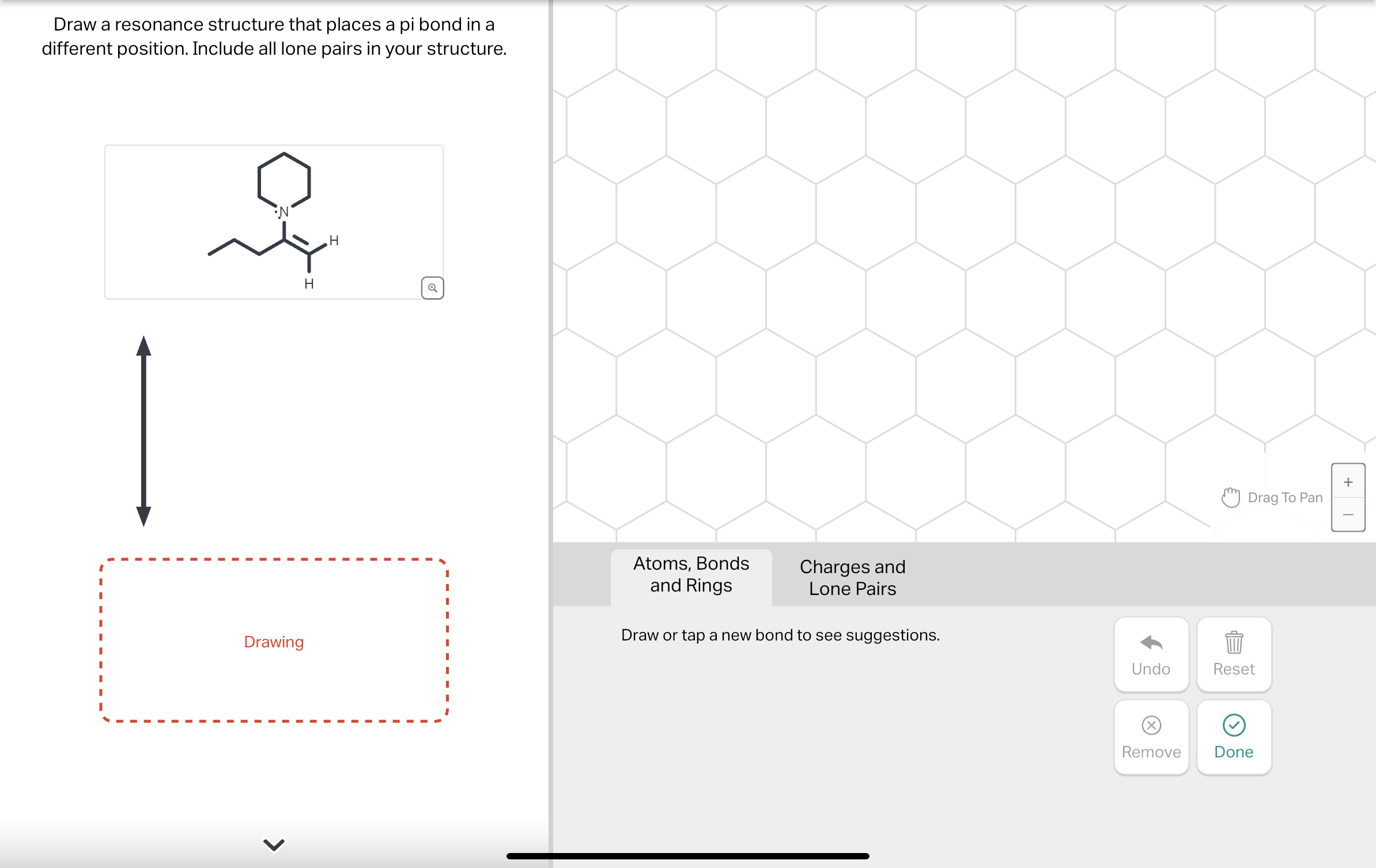 Draw a resonance structure that places a pi bond in a different position. Include all lone pairs in your structure. Drawing Draw or tap a new bond to see suggestions.