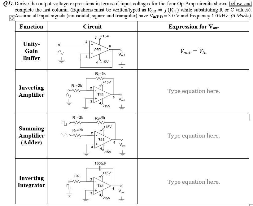 SOLVED: Q1: Derive the output voltage expressions in terms of input ...