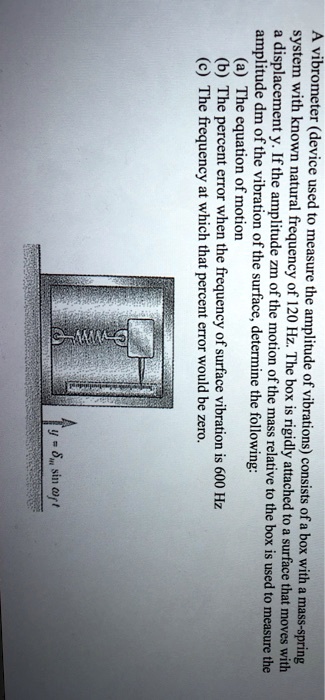 A vibrometer (device used to measure the amplitude of vibrations) consists of a box with a mass-spring system with known natural frequency of 120 Hz. The box is rigidly attached to a surface that moves with a displacement y. If the amplitude zm of the motion of the mass relative to the box is used to measure the amplitude dm of the vibration of the surface, determine the following:
(a) The equation of motion
(b) The percent error when the frequency of surface vibration is 600 Hz
(c) The frequency at which that percent error would be zero.
y = sinωt