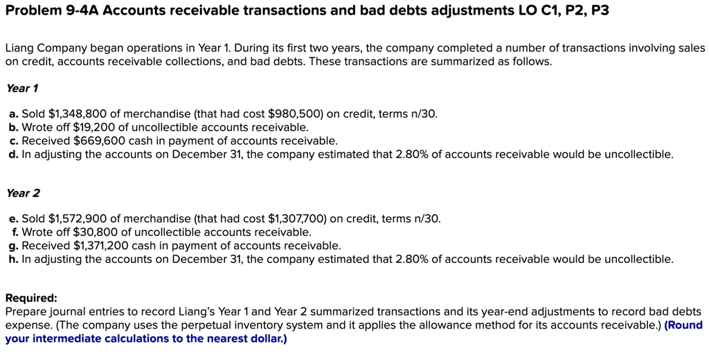 Transation Account Problem problem 9 4a accounts receivable transactions and bad debts adjustments ...