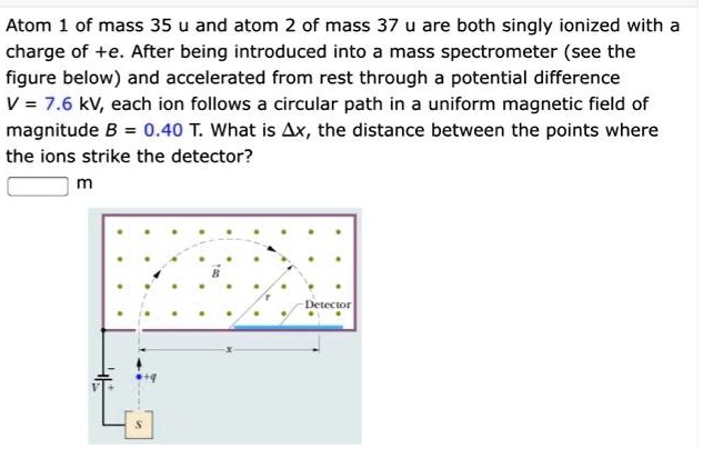 Atom 1 of mass 35 u and atom 2 of mass 37 u are both singly ionized with a charge of +e. After being introduced into a mass spectrometer (see the figure below) and accelerated from rest through a potential difference V = 7.6 kV, each ion follows a circular path in a uniform magnetic field of magnitude B = 0.40 T. What is ?x, the distance between the points where the ions strike the detector?