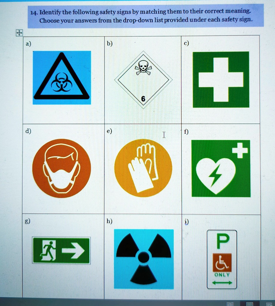 SOLVED: 14.Identify the following safety signs by matching them to ...