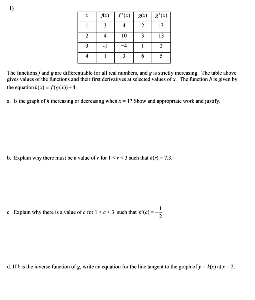 Solved Flx F X G X G X 10 13 4 The Functions And G Are Differentiable For All Real Numbers And G Is Strictly Increasing The Table Above Gives Values Of The Functions And