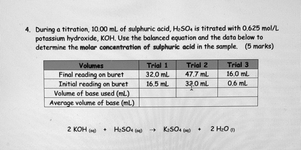 SOLVED During a titration, 10.00 mL of sulphuric acid, H2SO4 is