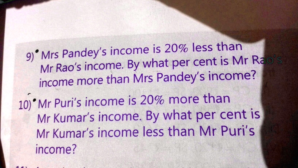 9)Mrs Pandey's income is 20% less than
Mr Rao's income. By what per cent is Mr Rao's
income more than Mrs Pandey's income?
10) Mr Puri's income is 20% more than
Mr Kumar's income. By what per cent is
Mr Kumar's income less than Mr Puri's
income?