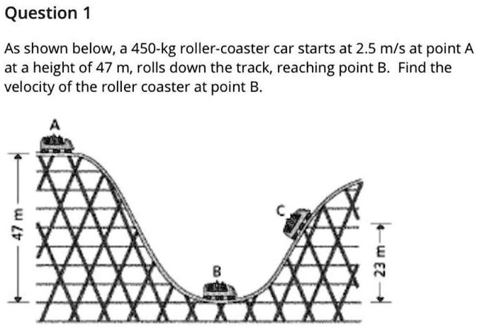 SOLVED: Question 1 As shown below, a 450-kg roller-coaster car starts ...
