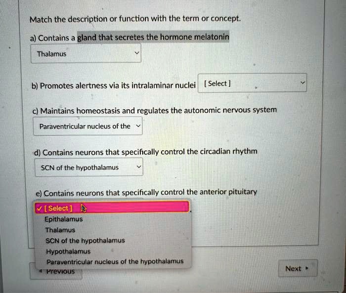 Match the description or function with the term or concept.
a) Contains a gland that secretes the hormone melatonin
Thalamus
b) Promotes alertness via its intralaminar nuclei [Select]
c) Maintains homeostasis and regulates the autonomic nervous system
Paraventricular nucleus of the
d) Contains neurons that specifically control the circadian rhythm
SCN of the hypothalamus
e) Contains neurons that specifically control the anterior pituitary
? [Select]
Epithalamus
Thalamus
SCN of the hypothalamus
Hypothalamus
Paraventricular nucleus of the hypothalamus
Previous
Next