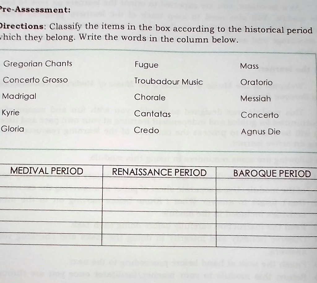 SOLVED Directions Classify the items in the box according to the