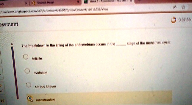 the breakdown in the lining of the endometrium occurs in the  stage of the menstrual cycle follicle ovulation corpus luteum menstruation 11565