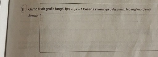 5. Gambarlah grafik fungsi f(x)=(1)/(4) x-1 beserta inversnya dalam satu bidang koordinat! Jawab: