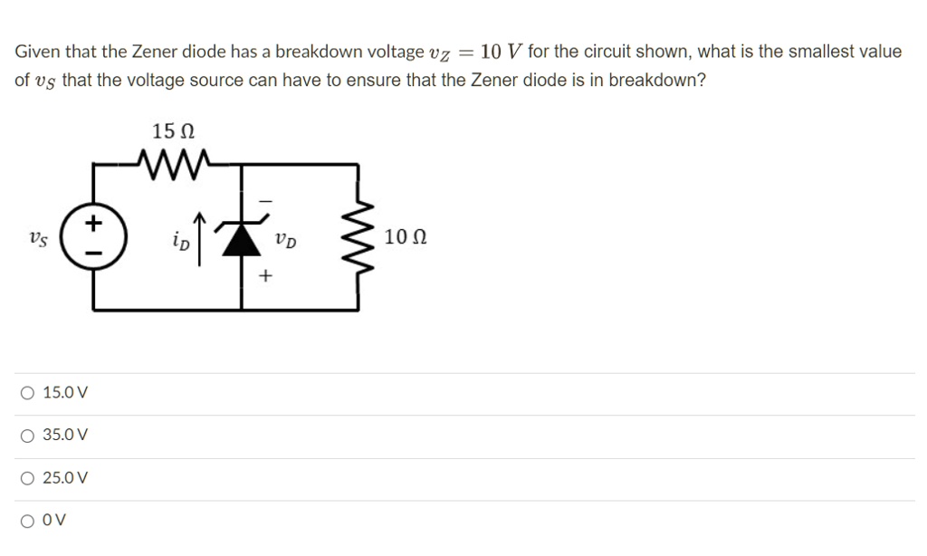 SOLVED Given that the Zener diode has a breakdown voltage Vz = 10 V