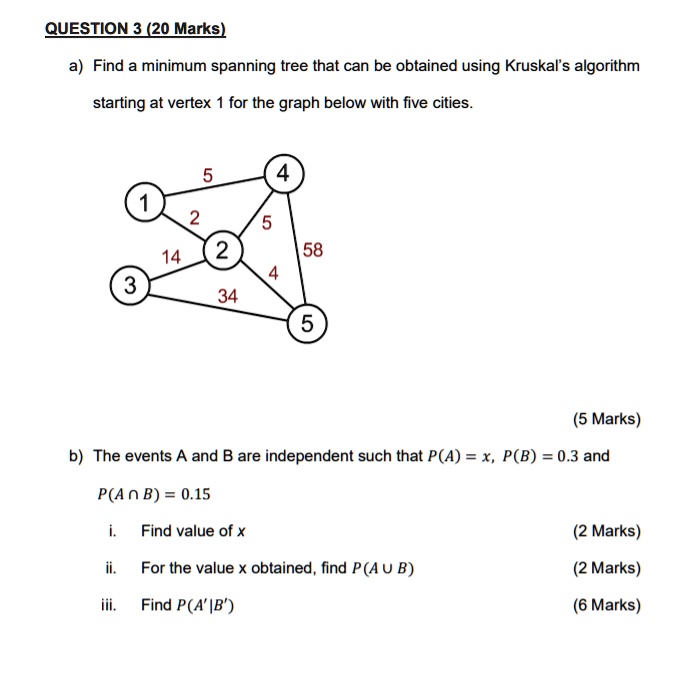 SOLVED: QUESTION 3 (20 Marks) Find a minimum spanning tree that can be ...