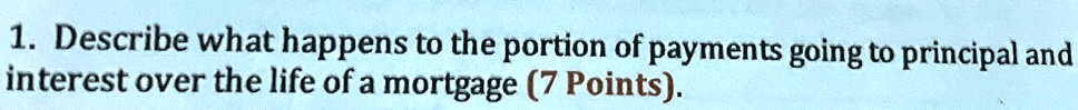 1. Describe what happens to the portion of payments going to principal and interest over the life of a mortgage (7 Points).