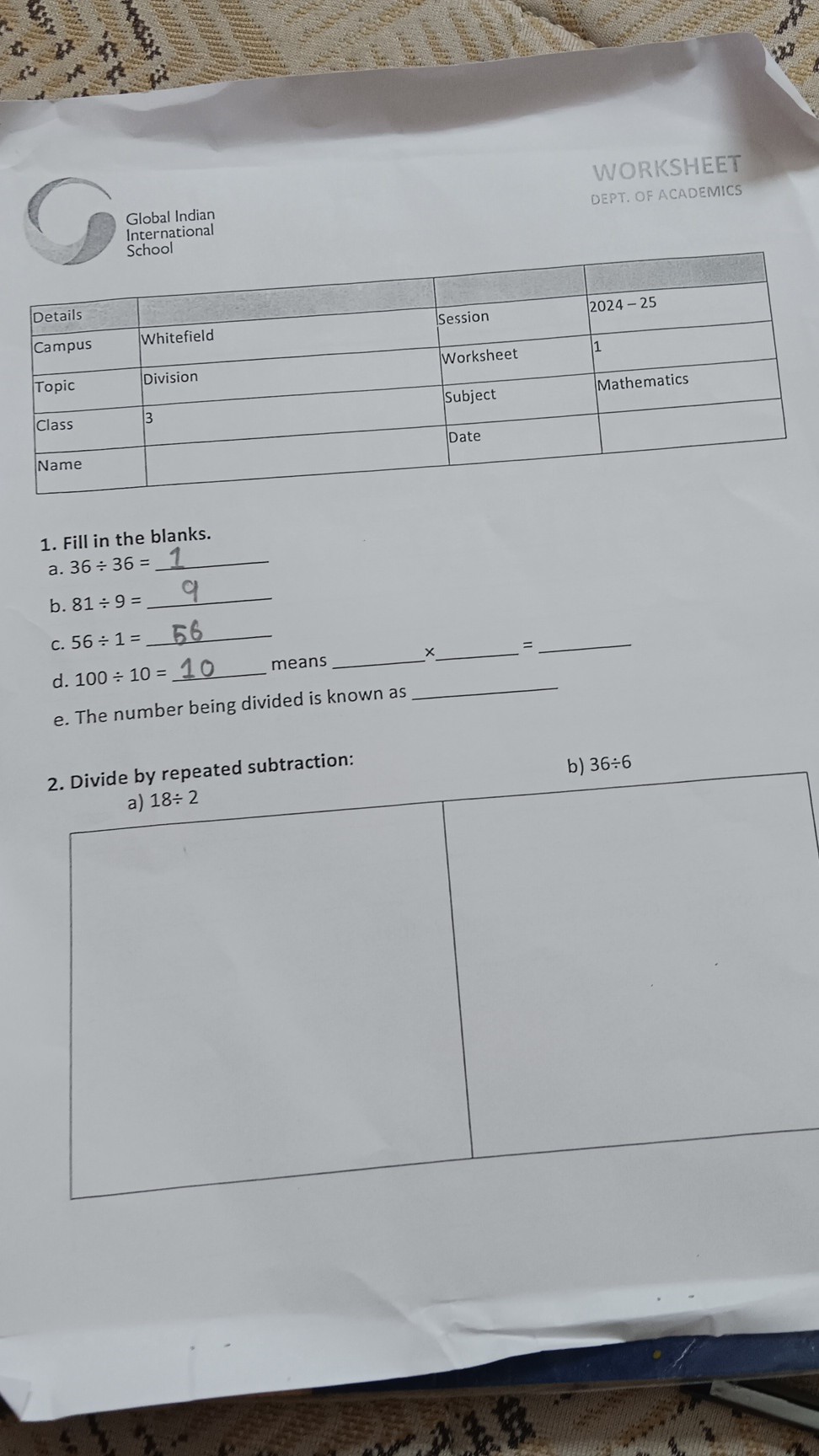 WORKSHEET Global Indian DEPT. OF ACADEMICS International School Details ...