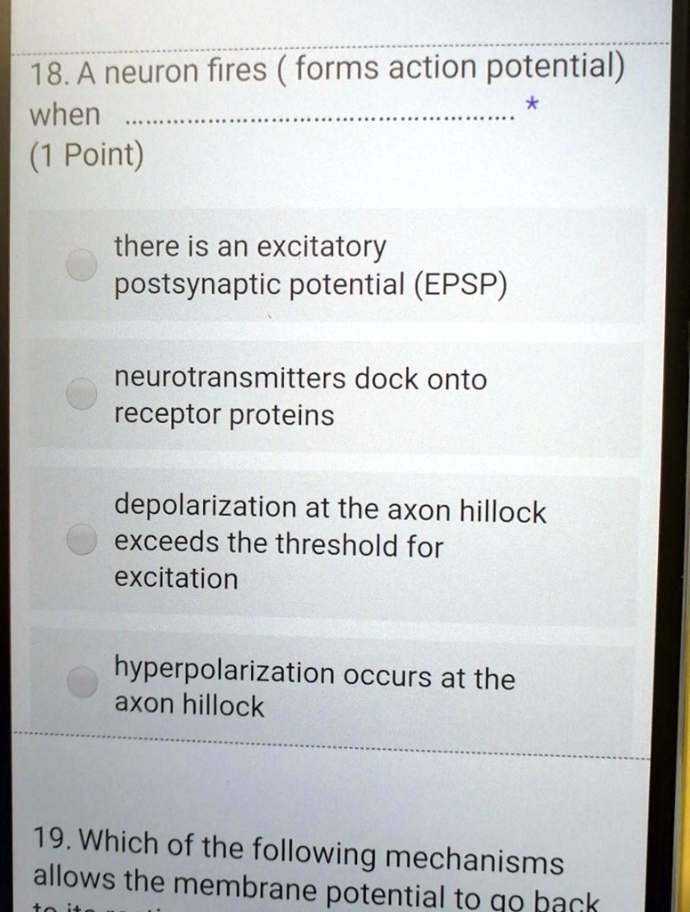SOLVED A neuron fires an action potential when there is an excitatory postsynaptic potential