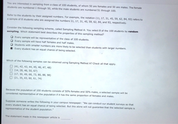 Solved You Jrg Nteresid Samndlinc Irom Cef 100 Students Wnomn 50 Re Students Are Numbered Cmalesano Through 50 Are Males 50 While The Male Studente The Female Numbered Through 100 Refer The Students