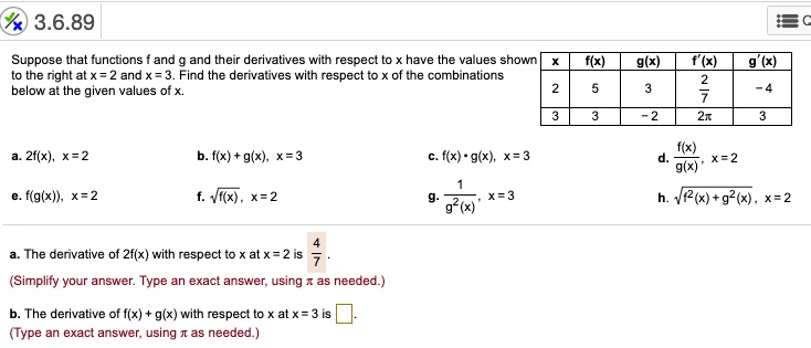 Solved 3 6 Suppose That Functions And And Their Derivatives Wiin Respect To Have The Values Shown To The Right Atx 2 Adx 3 Find The Derivatives With Respect To Ine Combinations