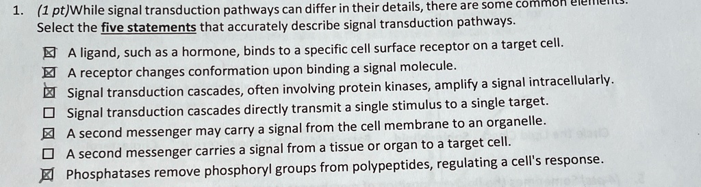 1 ptwhile signal transduction pathways can differ in their details there are some common elements select the five statements that accurately describe signal transduction pathways a ligand su 66513