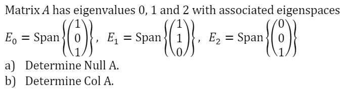 matrix a has eigenvalues 0 1 and 2 with associated eigenspaces eo span e1 span ez span a determine null a b determine col a 41236