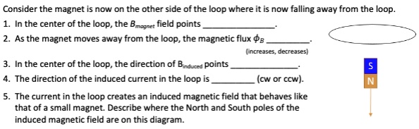 Consider the magnet is now on the other side of the loop where it is now falling away from the loop.
1. In the center of the loop, the Bmagnet field points .
2. As the magnet moves away from the loop, the magnetic flux ????????????????.
(increases, decreases)
3. In the center of the loop, the direction of Binduced points .
4. The direction of the induced current in the loop is  (cw or ccw).
5. The current in the loop creates an induced magnetic field that behaves like that of a small magnet. Describe where the North and South poles of the induced magnetic field are on this diagram.