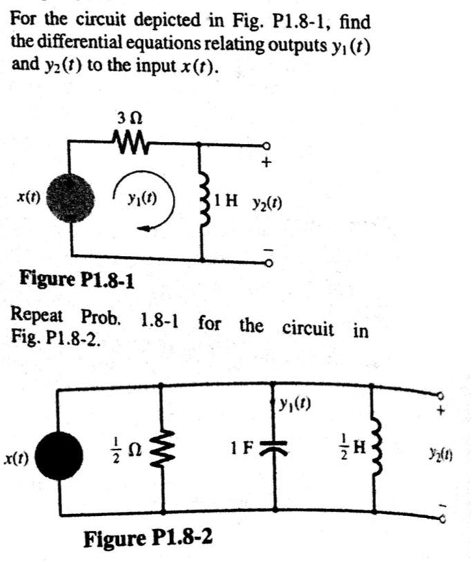 For the circuit depicted in Fig. P1.8-1, find the differential equations relating outputs y1(t) and y2(t) to the input x(t).

3 ?
x(t)
y1(t)
1 H y2(t)

Figure P1.8-1

Repeat Prob. 1.8-1 for the circuit in Fig. P1.8-2.

y1(t)
x(t)
1/2 ?
1 F
1/2 H
y2(t)

Figure P1.8-2