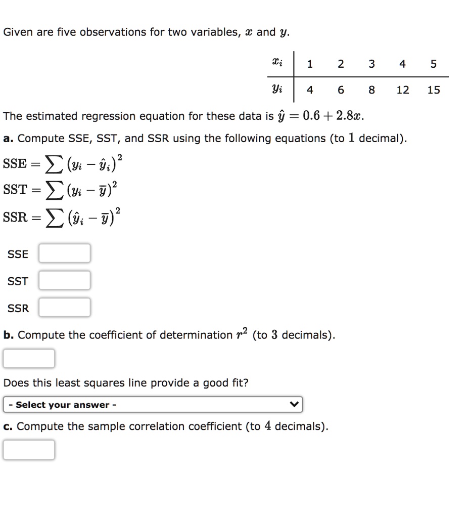 Given are five observations for two variables, x and y.
xi | 1 2 3 4 5
yi | 4 6 8 12 15
The estimated regression equation for these data is y? = 0.6 + 2.8x.
a. Compute SSE, SST, and SSR using the following equations (to 1 decimal).
SSE = ?(yi ? y?i)"
SST = ?(yi ? y?)"
SSR = ?(y?i ? y?)"
SSE
SST
SSR
b. Compute the coefficient of determination r" (to 3 decimals).
Does this least squares line provide a good fit?
- Select your answer -
c. Compute the sample correlation coefficient (to 4 decimals).