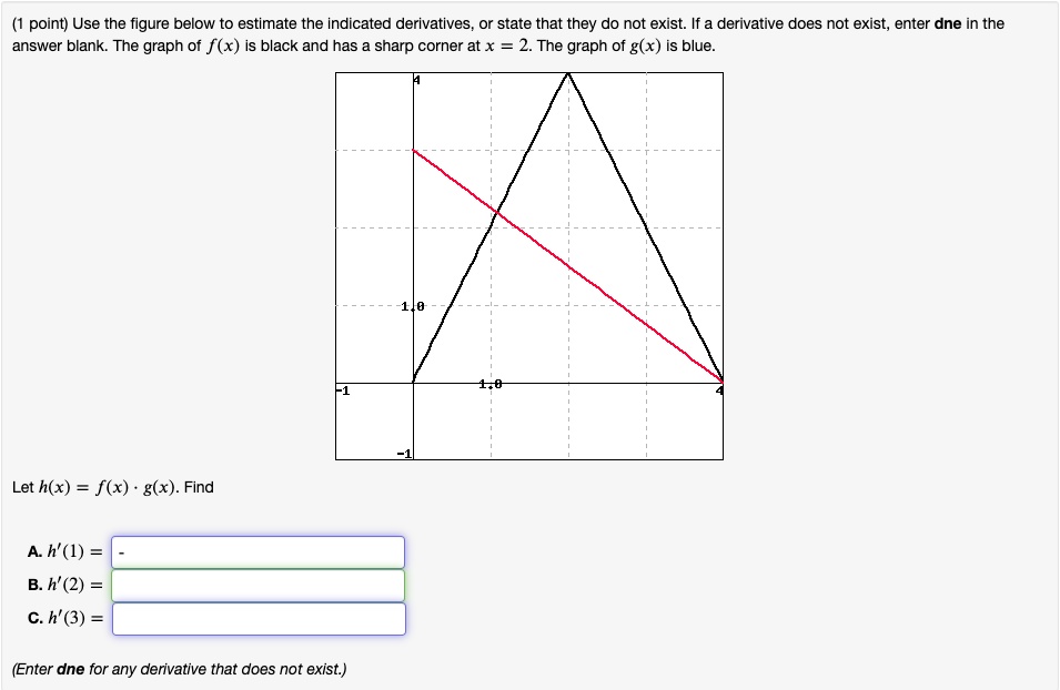(1 point) Use the figure below to estimate the indicated derivatives, or state that they do not exist. If a derivative does not exist, enter dne in the answer blank. The graph of f(x) is black and has a sharp corner at x = 2. The graph of g(x) is blue.
Let h(x) = f(x) · g(x). Find
A. h'(1) =
B. h'(2) =
C. h'(3) =
(Enter dne for any derivative that does not exist.)