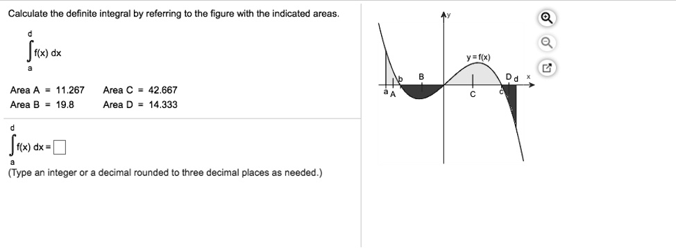calculate the definite integral by referring to the figure with the indicated areas fx dx area area b 11267 198 area c area d 42667 14333 ux dx type an integer or decimal rounded t0 three de 19956