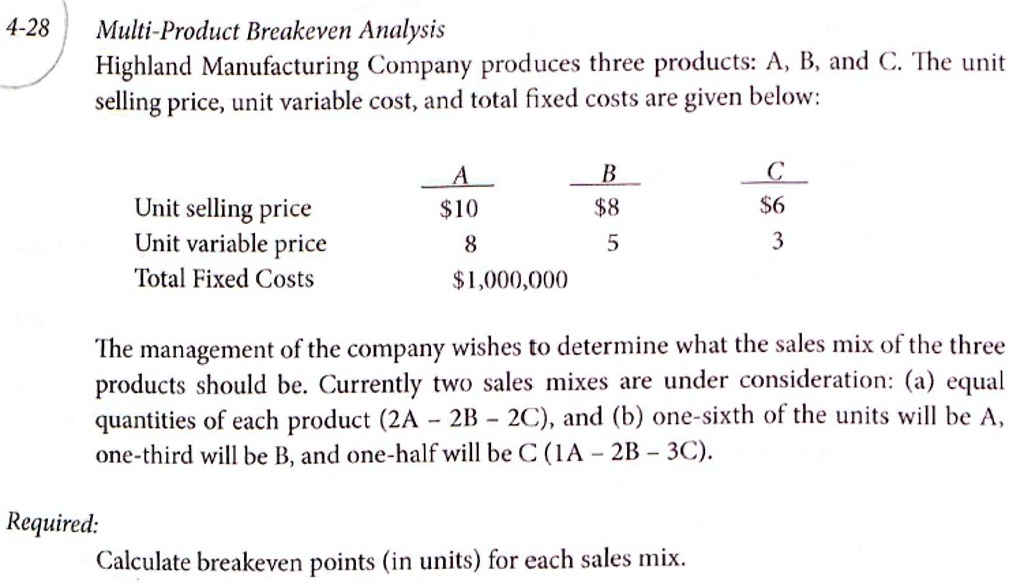 4-28 Multi-Product Breakeven Analysis Highland Manufacturing Company ...
