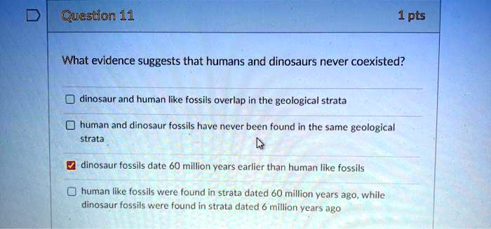 What evidence suggests that humans and dinosaurs never coexisted?

dinosaur and human like fossils overlap in the geological strata

human and dinosaur fossils have never been found in the same geological strata

dinosaur fossils date 60 million years earlier than human like fossils

human like fossils were found in strata dated 60 million years ago, while dinosaur fossils were found in strata dated 6 million years ago