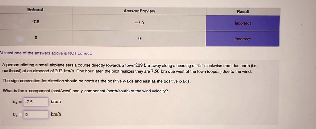 texts entered answerproview result 75 75 incorrect 0 0 incorrect at least one of the answers above is not correct a person piloting a small airplane sets a course directly towards a town 209 37011