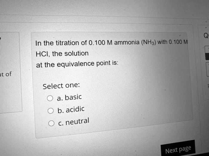 SOLVED In the titration of 0.100 M ammonia (NH3) with 0.100 M HCI, the