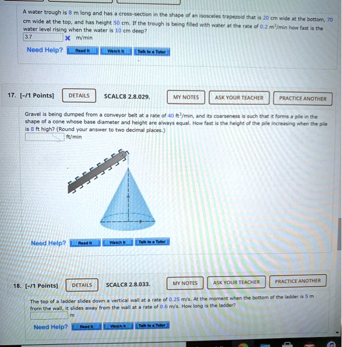 Water Trough Math Problem SOLVED: Water trough is m long and has a cross-section in the shape of ...