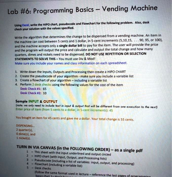 lab 6programming basics vending machine using excel write the hipo ...