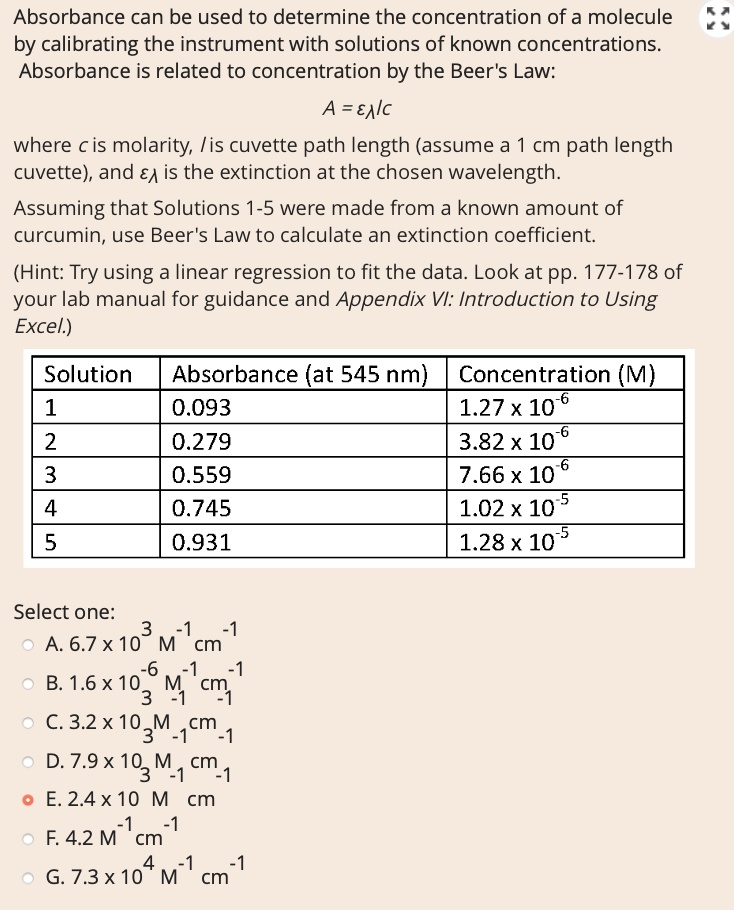 SOLVED: Absorbance can be used to determine the concentration of a ...