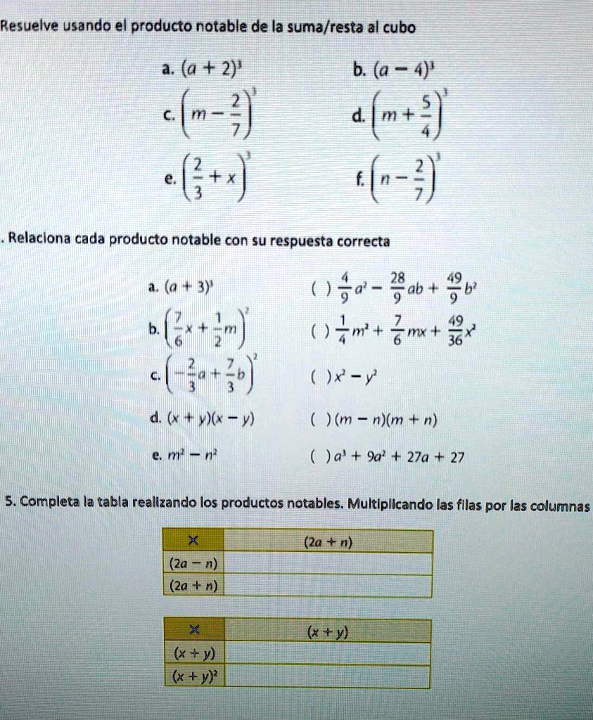 SOLVED: resolver con procedimiento Resuelve usando el producto notable ...