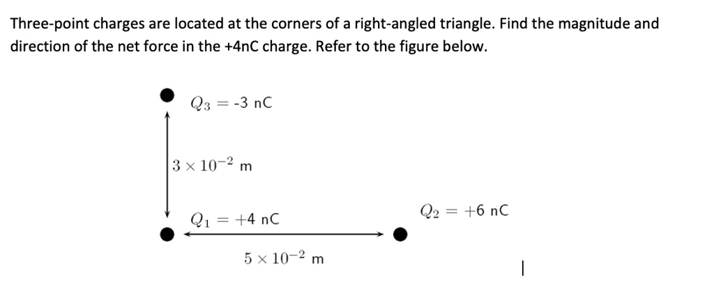 Three-point charges are located at the corners of a right-angled triangle. Find the magnitude and direction of the net force in the +4nC charge. Refer to the figure below.

Q3 = -3 nC
3 x 10^-2 m
Q1 = +4 nC
Q2 = +6 nC
5 x 10^-2 m