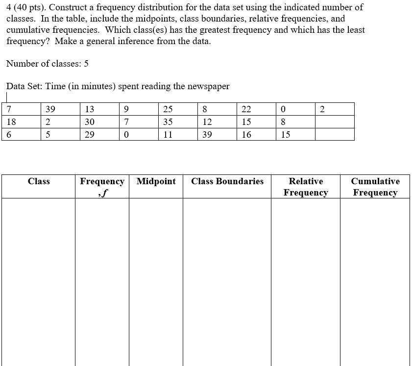 SOLVED: 4 (40 pts). Construct a frequency distribution for the data set ...