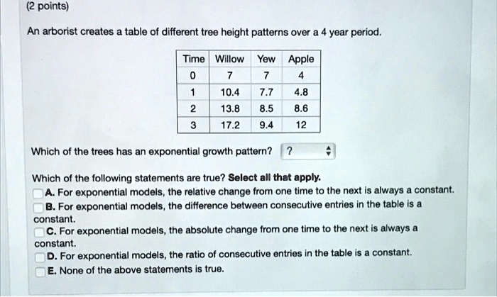 Which Of The Following Statements About Exponential Growth Is True An arborist creates a table of different tree height patterns over a 4