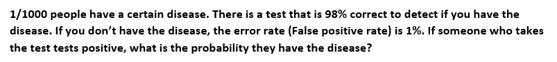 1/1000 people have a certain disease. There is a test that is 98% correct to detect if you have the disease. If you don't have the disease, the error rate (False positive rate) is 1%. If someone who takes the test tests positive, what is the probability they have the disease?